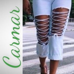 LF CARMAR Hermia White Lace Up Cropped High Waist Jeans,‎ Size 26